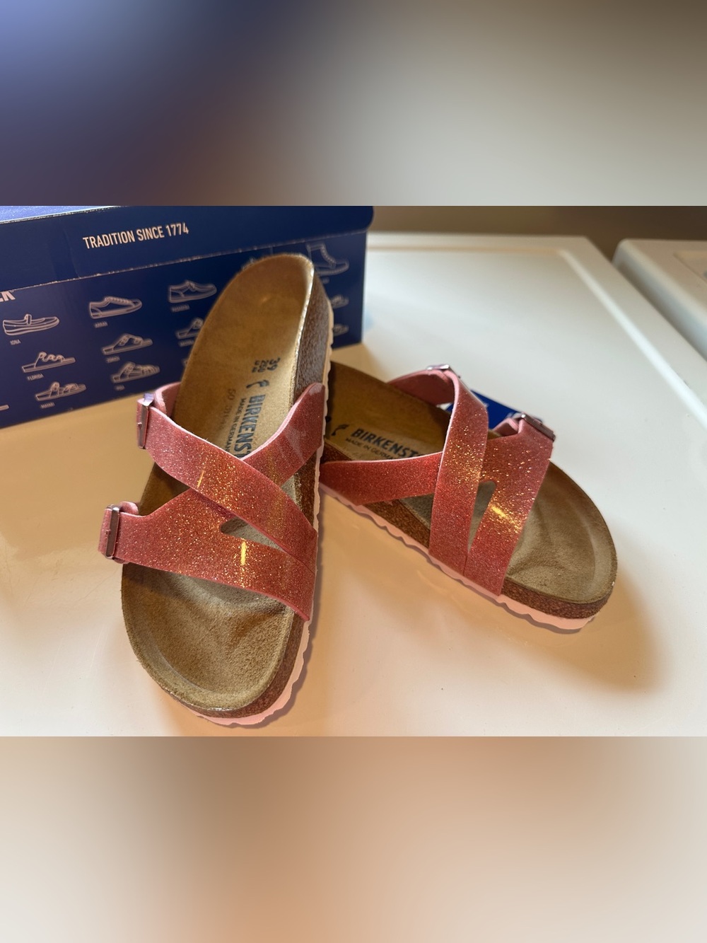 Birkenstock Women’s Rose Pink Glitter Cross-Strap Sandals